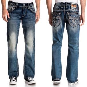 Rock Revival Men’s Jeans Elden Straight Leg Distressed Biker Denim | Size 40